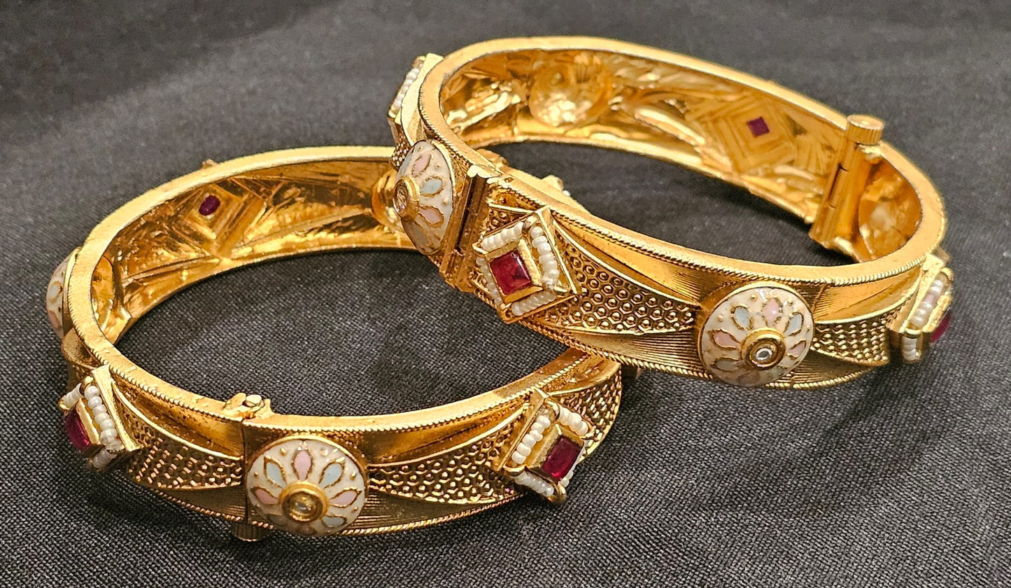 Rajwadi Kada – Meenakari, Red Stones & Pearls, 2-Piece Bridal Set