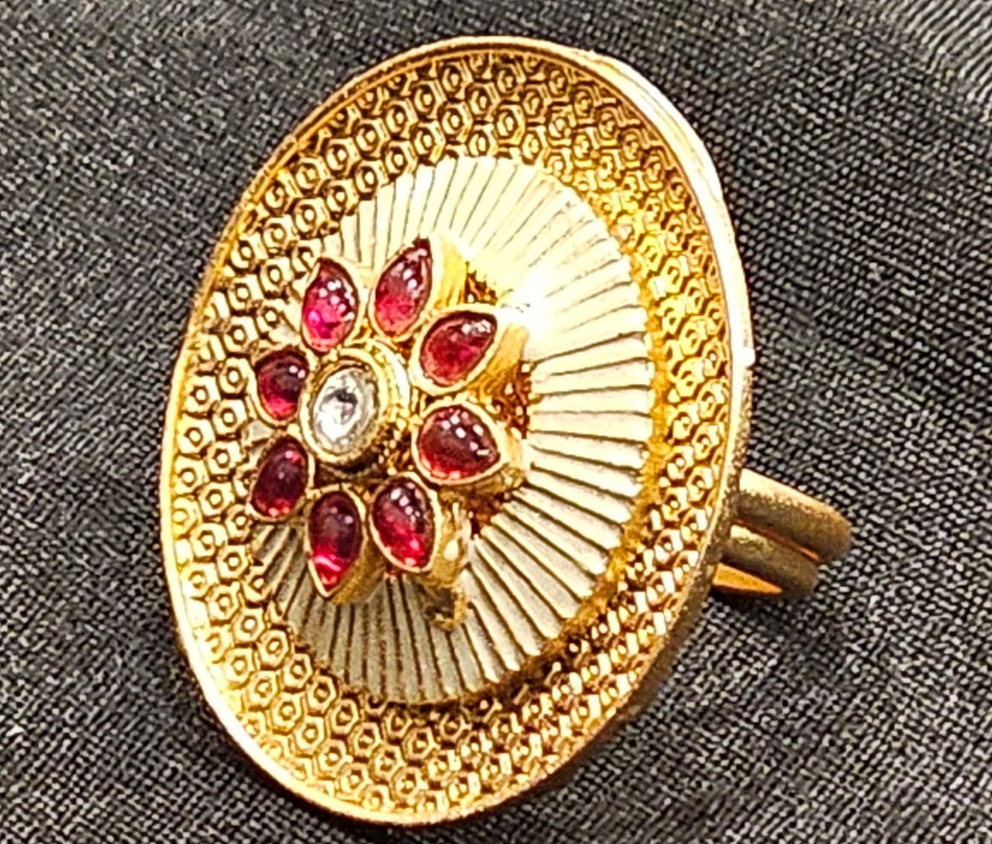 Rajwadi Imitation Ring – Adjustable Gold Finish with Ruby-Colored Stone