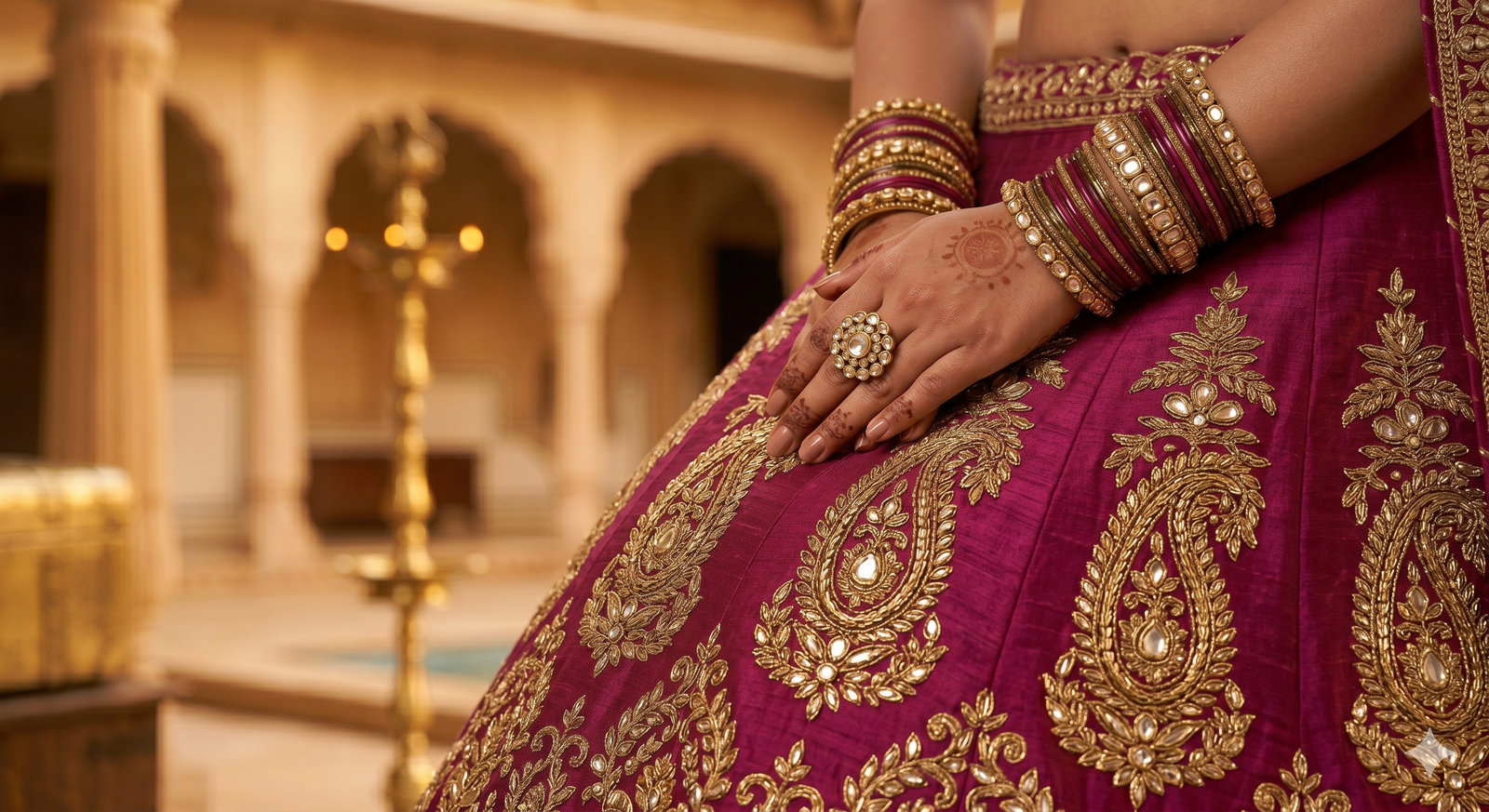 Bride in deep magenta bridal lehenga with zari embroidery - bridal wear