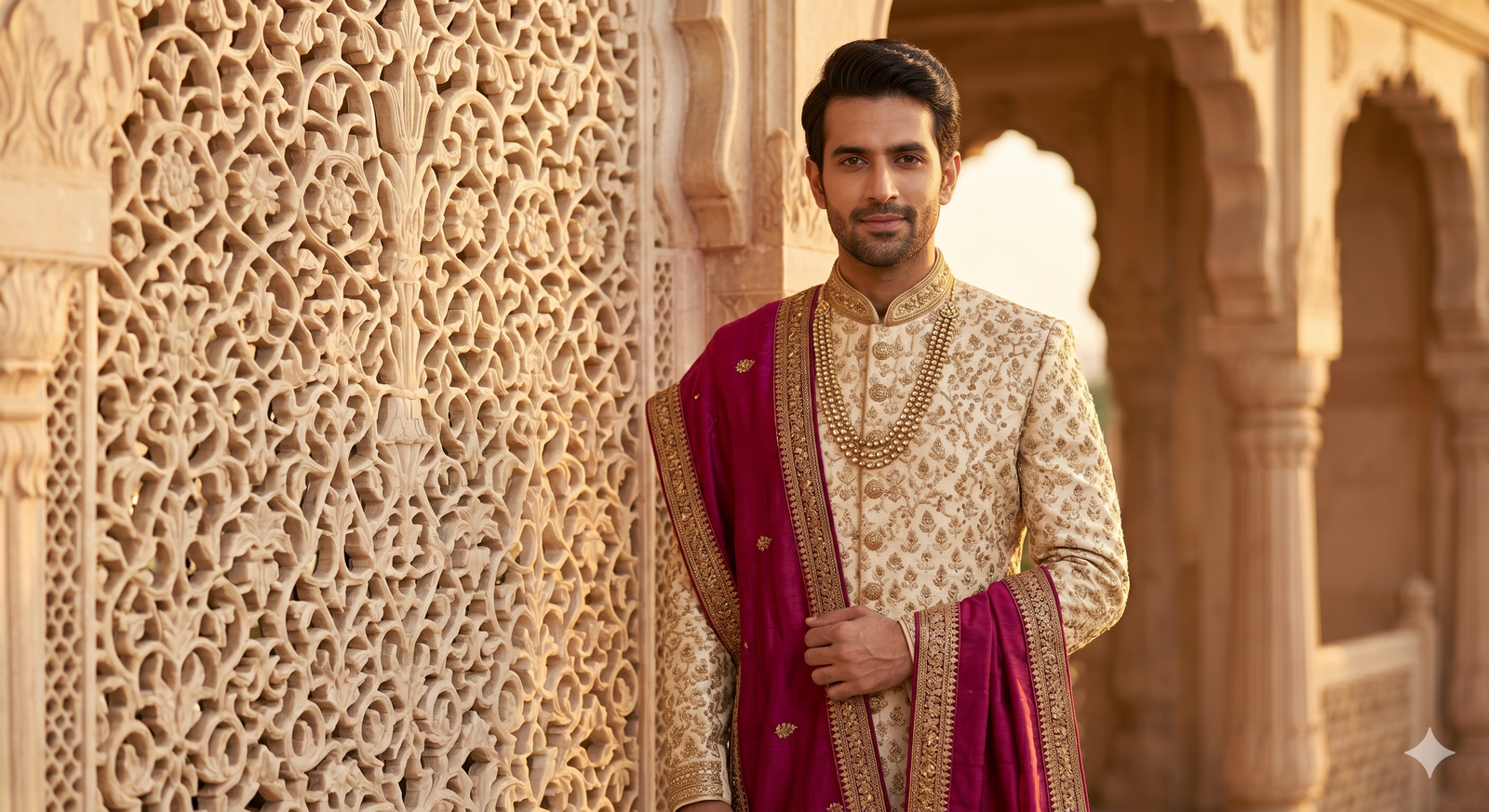 Groom in cream and gold sherwani - men's Indian wedding wear