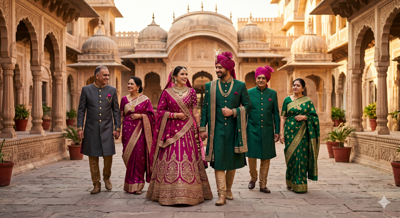 Indian wedding family group in coordinated jewel-tone outfits - wedding and family wear