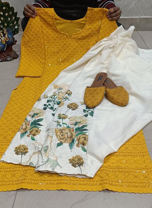 Yellow Phulkari Embroidered Kurta Set with Floral Dupatta – Traditional Punjabi Ethnic Wear