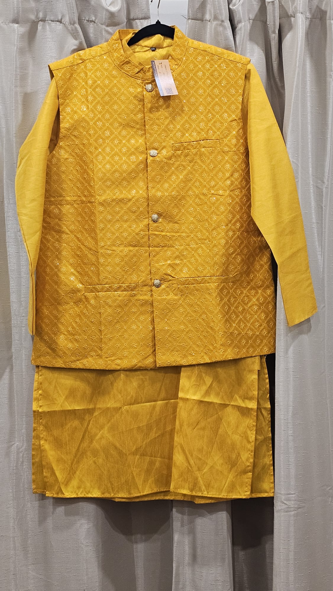 Yellow diamond Design Kurta pajama with golden buttons and jacket(c)