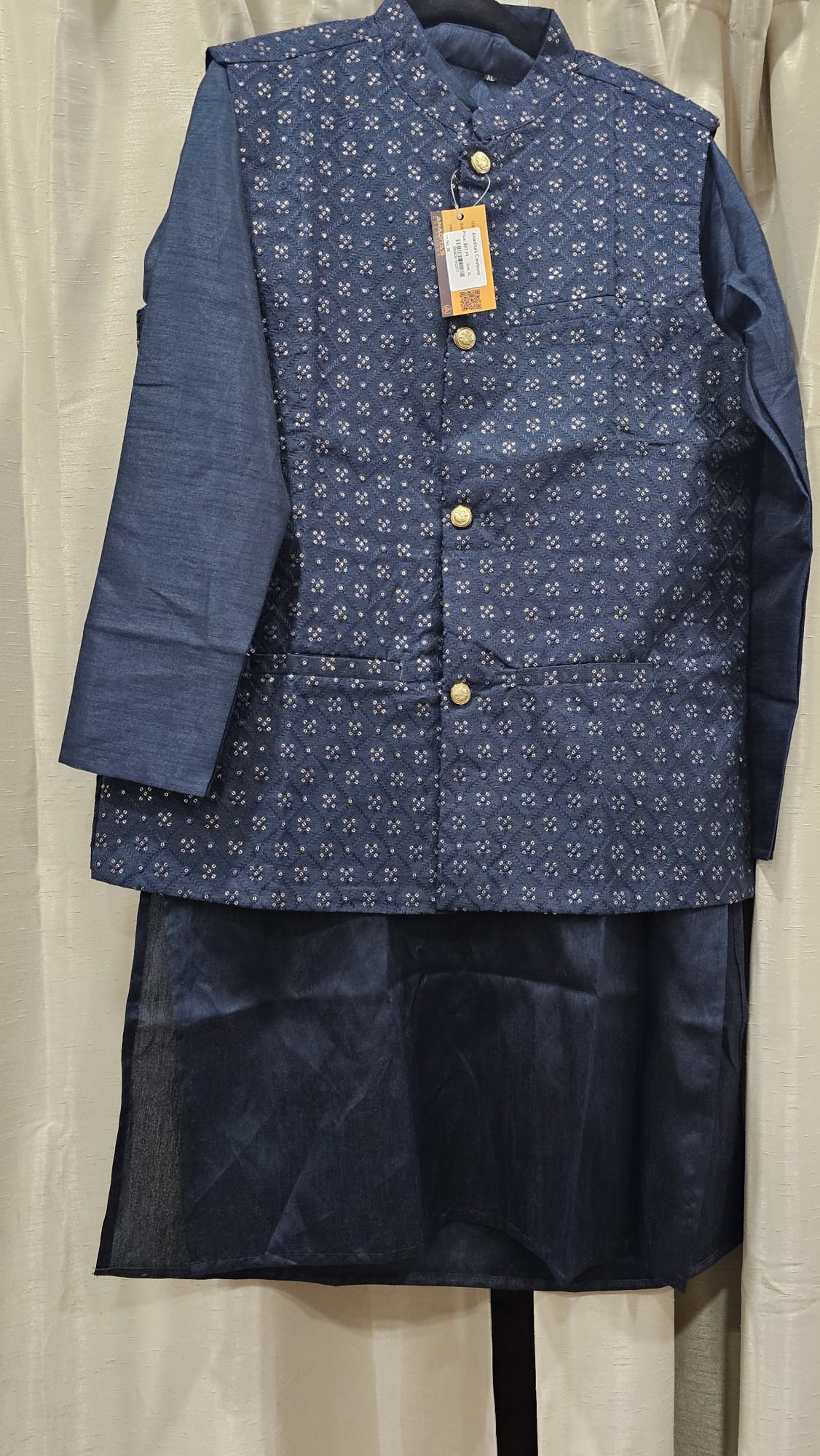 Dark Navy Blue Diamond Design kurta pajama with Jacket and golden Buttons