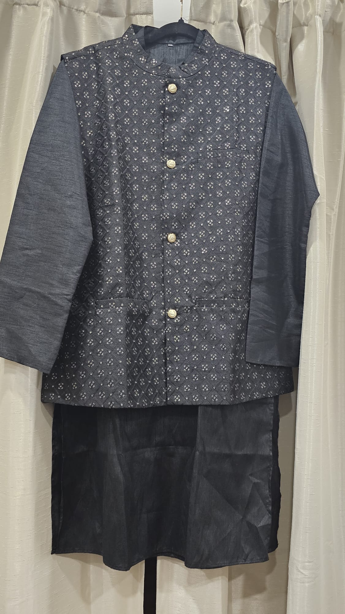 Black Golden diamond Design Kurta pajama with golden buttons and jacket (Copy)