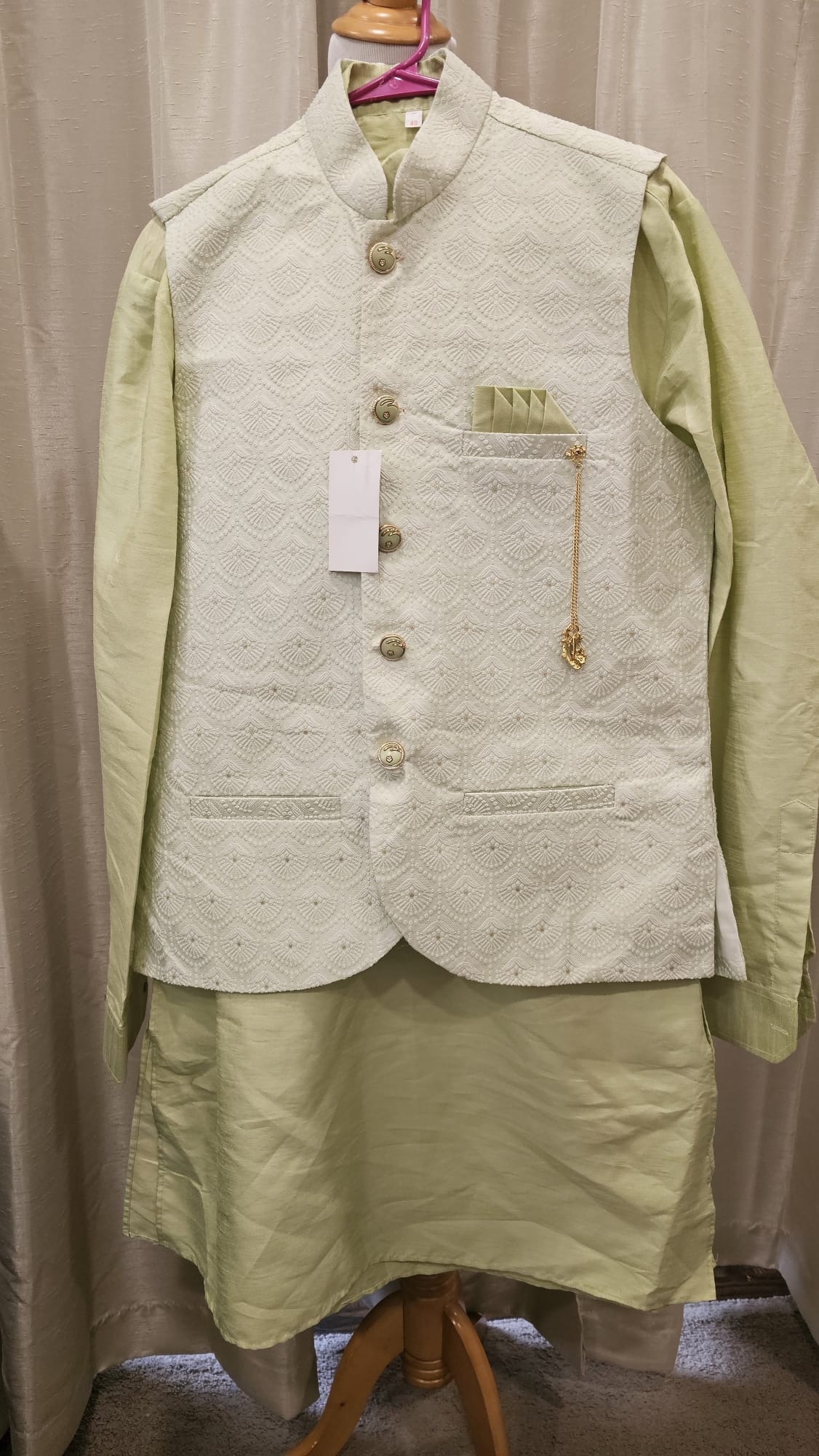 Lime Green Kurta Pajama with golden buttons and Jacket