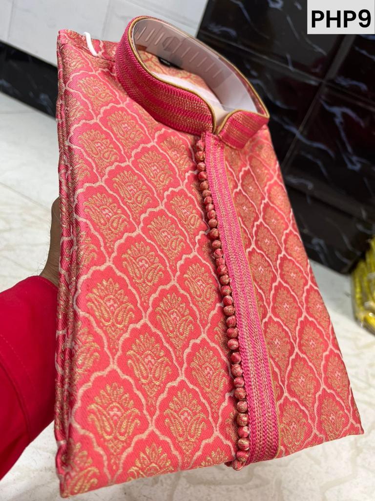 Men’s Brocade Kurta Pajama – Pink with Woven Golden Floral Motifs