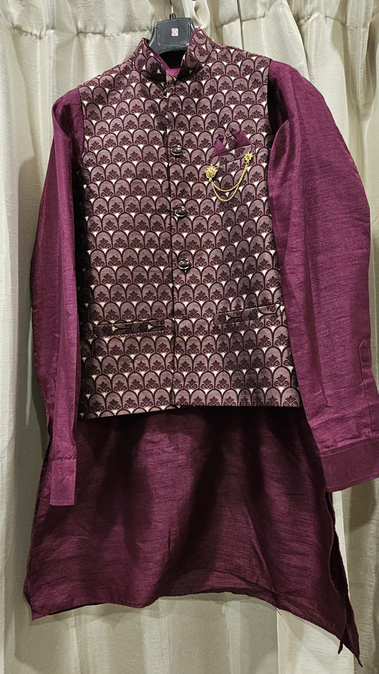 Purple Kurta pajama with jacket and golden buttons.