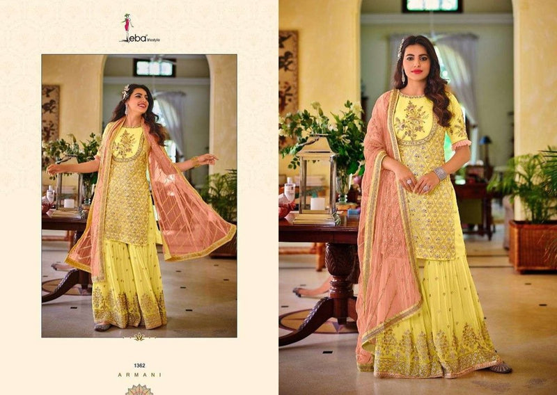 Armani 1362 Sharara Suit by Lebas Lifestyle – Yellow & Peach Faux Georgette with Heavy Embroidery and Stone Work
