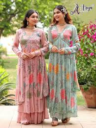 Designer Arun Palazzo Suit – Printed Georgette with Thread & Mirror Neckline