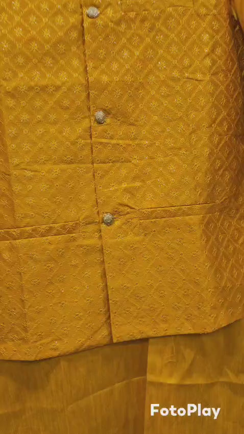 Yellow diamond Design Kurta pajama with golden buttons and jacket(c)