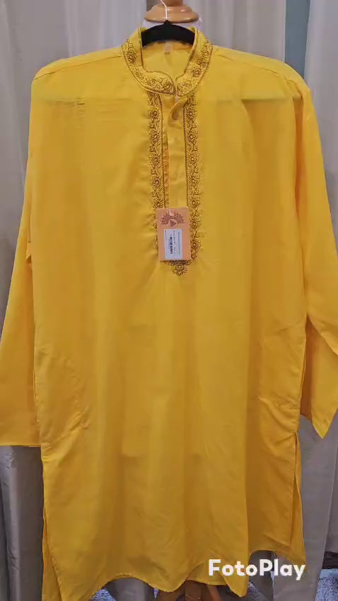 Plain yellow kurta with Black design around the neck