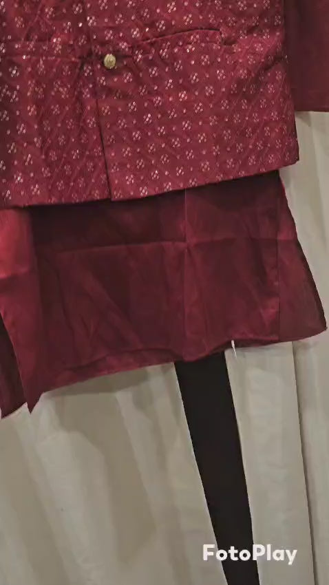 Red Gold Diamond Design Kurta Pajama with Gold Buttons and jacket